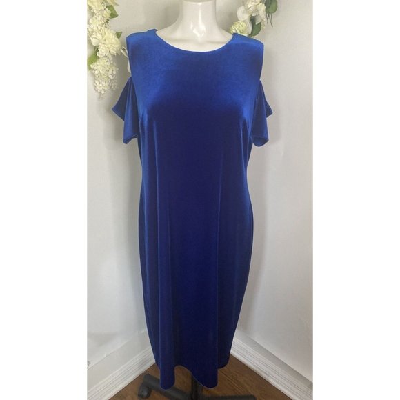 Calvin Klein Sheath Velvet Dress Womens Size 14 Solid Royal Blue Cold‎ Shoulder - Picture 1 of 16